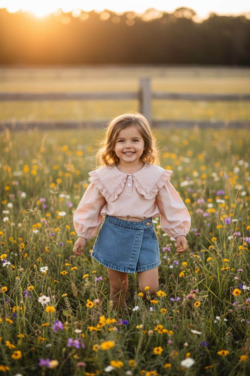 Little Girl Modeling Pink Blouse & Denim Skort in a Field